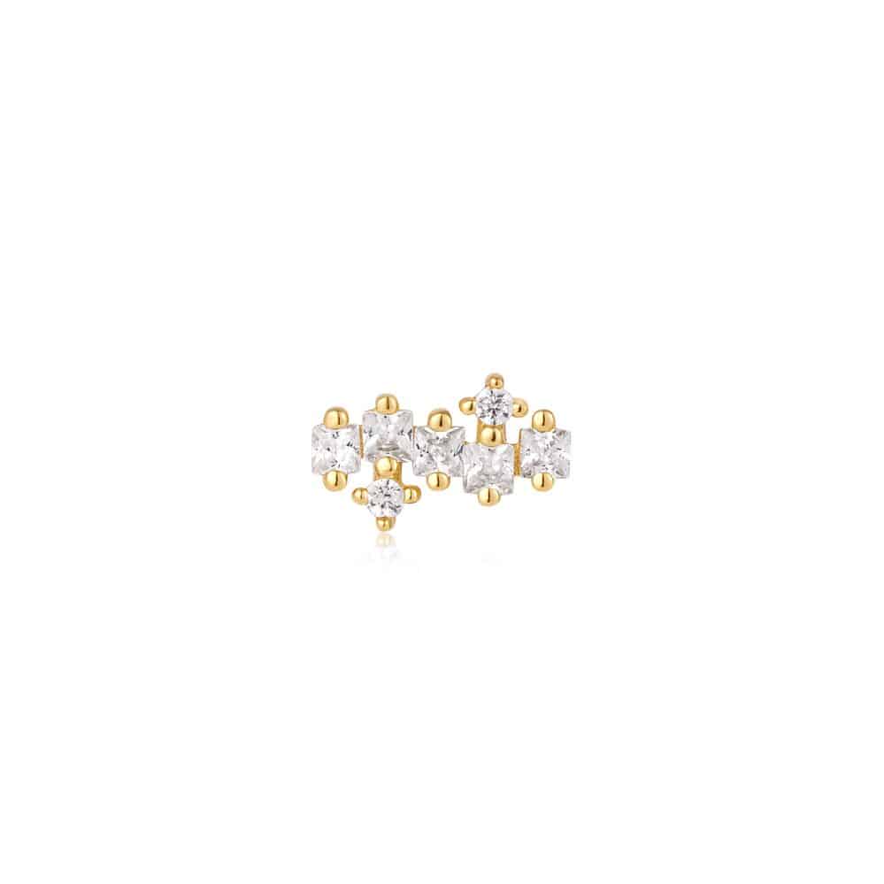 A yellow gold ring with white diamonds.
