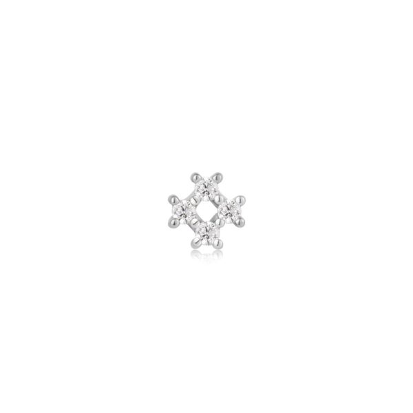 A small diamond stud earring on a white background.