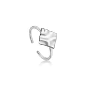 A silver ring with a square shape.