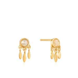A pair of gold - plated earrings with moonstones.