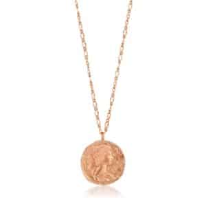 A rose gold coin necklace with a coin on it.