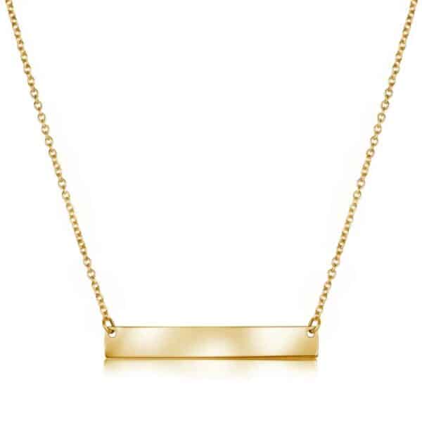 A gold bar necklace on a chain.