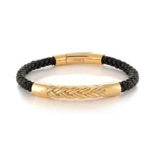 A gold and black braided bracelet.