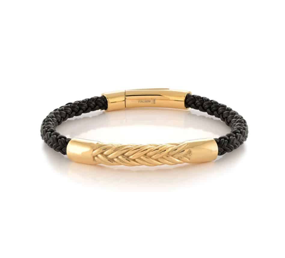 A gold and black braided bracelet.