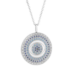 An evil eye pendant with blue and white diamonds.