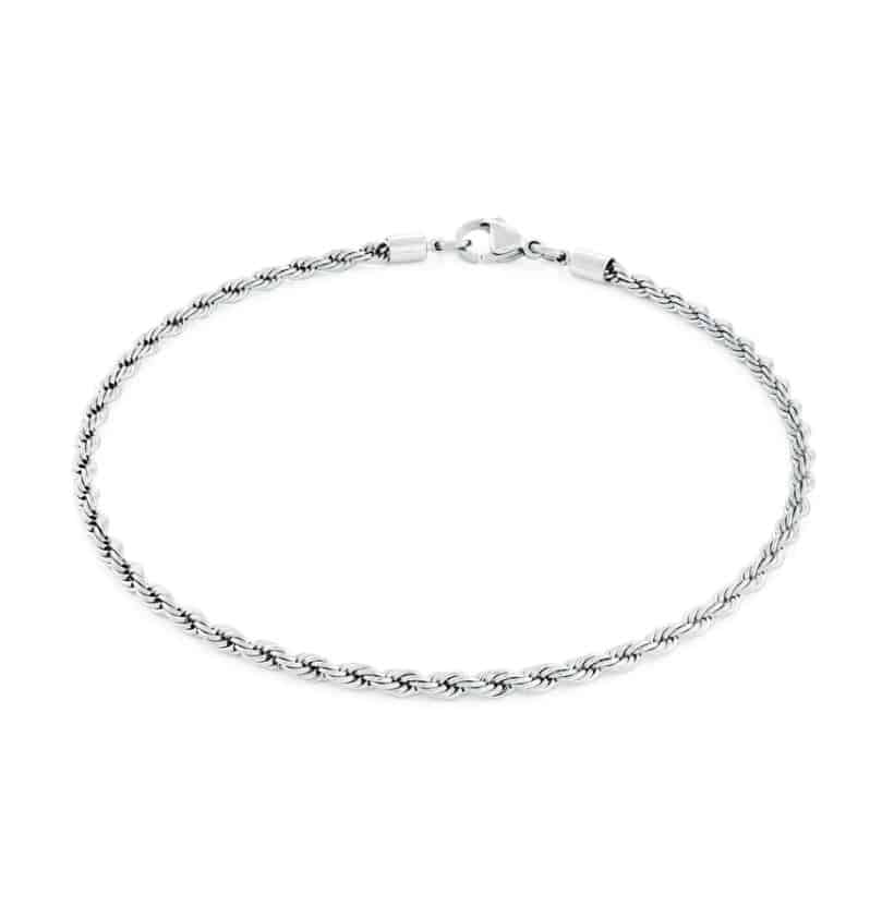 A silver rope bracelet on a white background.