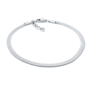 A silver bracelet with a clasp on a white background.