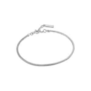 A silver bracelet with a chain on it.