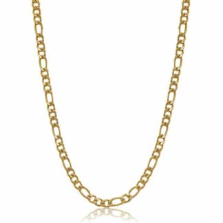 A yellow gold figaro chain necklace on a white background.