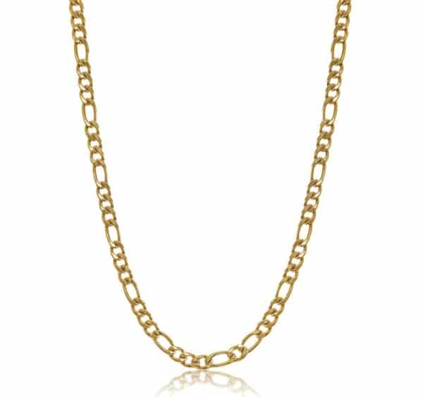 A yellow gold figaro chain necklace on a white background.