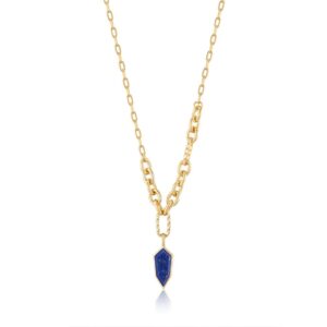 A gold necklace with a lapis stone pendant.