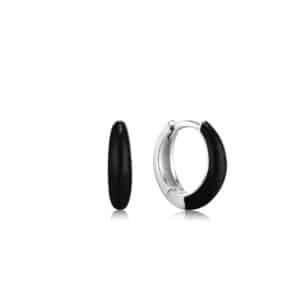 A pair of black hoop earrings on a white background.