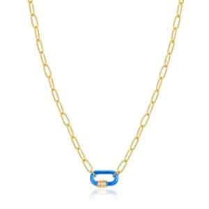 A necklace with a gold chain and blue enamel.