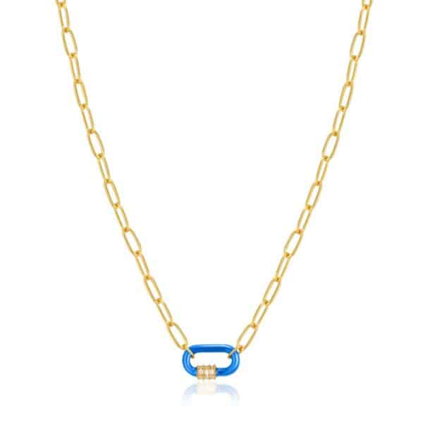 A necklace with a gold chain and blue enamel.