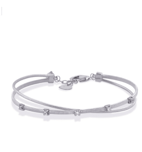 A silver bracelet with diamonds on it.