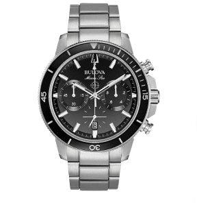 A men's stainless steel watch with black dial.