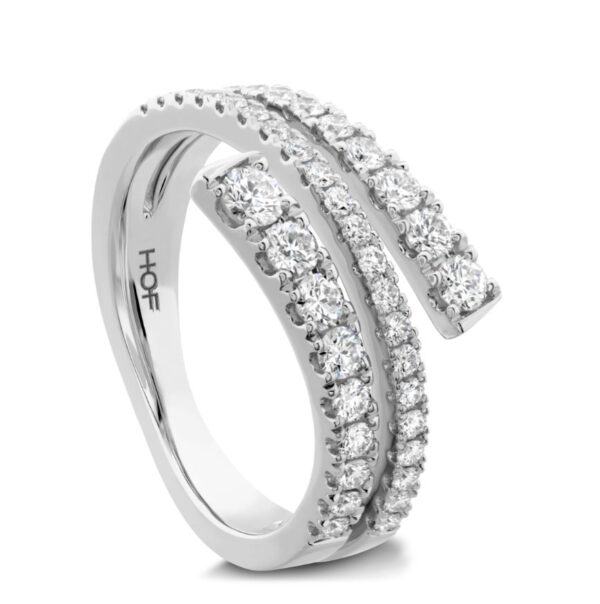 A white gold ring with two rows of diamonds.