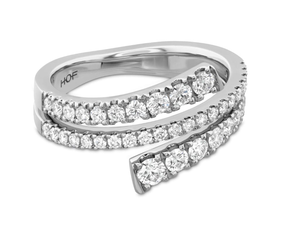 A white gold ring with two rows of diamonds.