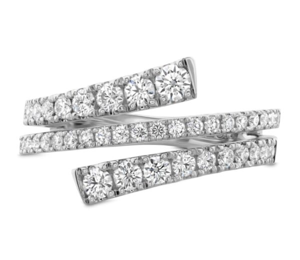 A white gold diamond ring with three rows of diamonds.