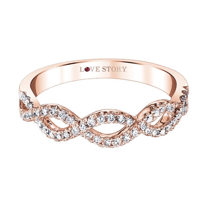 A rose gold ring with diamonds on it.