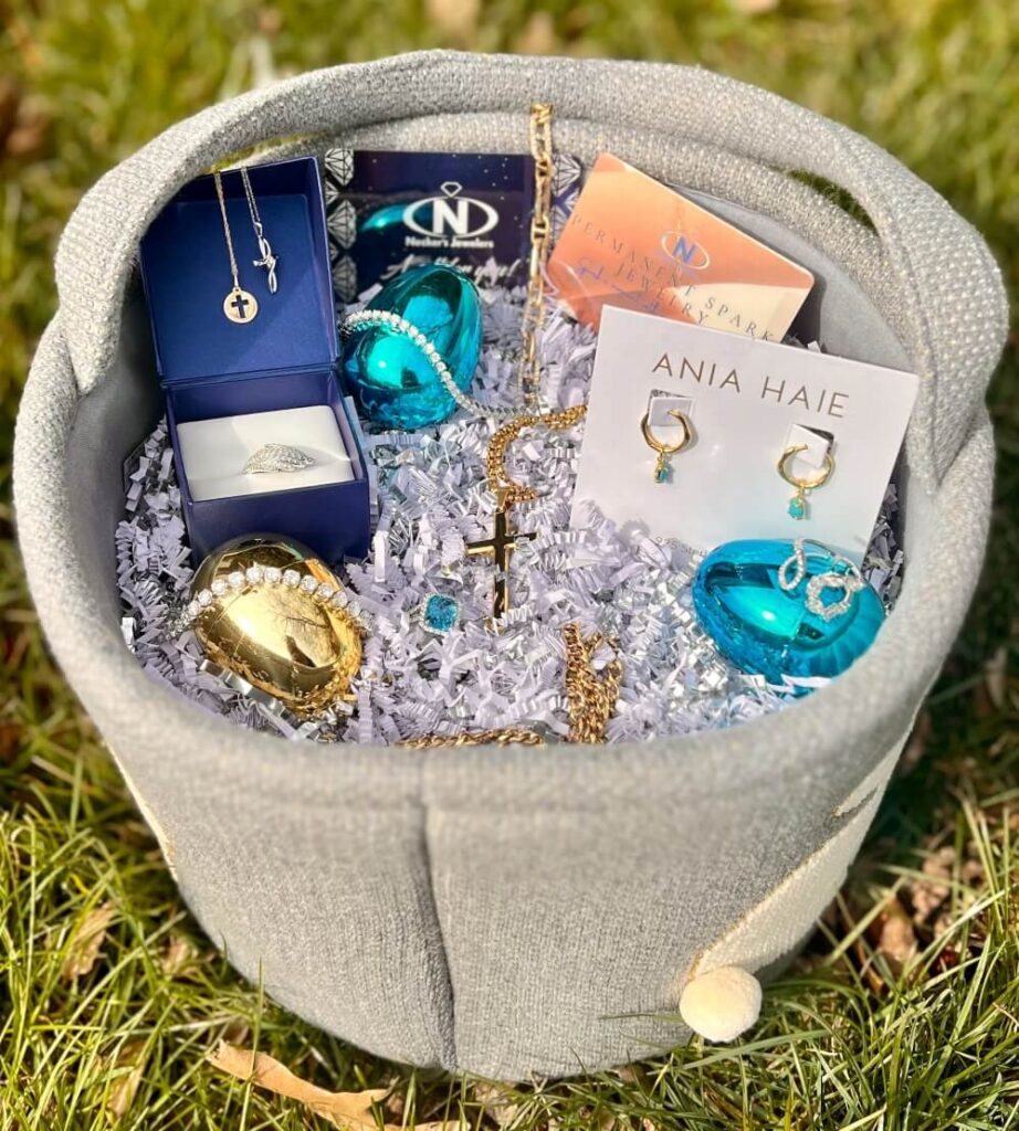Jewelry and gift cards from Necker's Jewelers inside of an Easter basket.