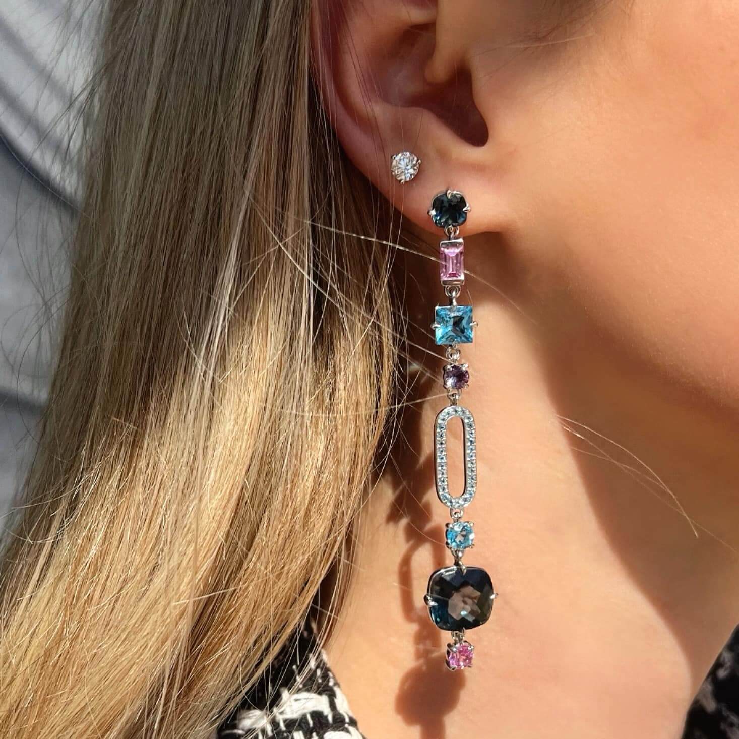 A gemstone earring that's an example of custom jewelry created at Necker's Jewelers.