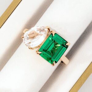 TWO STONE LAB-CREATED EMERALD AND CUBIC ZIRCONIA RING