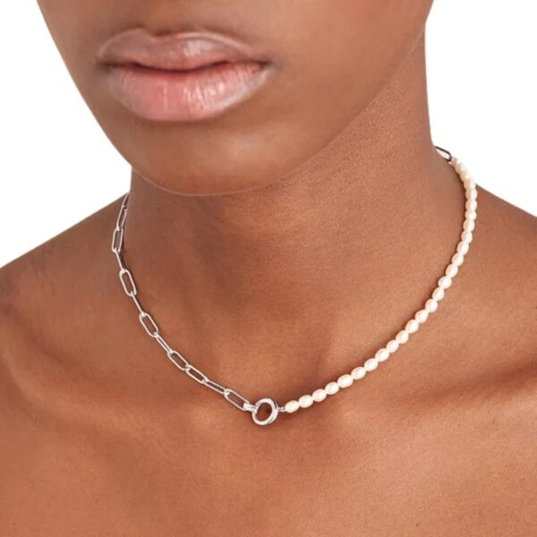 SILVER PEARL CHUNKY LINK CHAIN NECKLACE N043-01H - Image 2