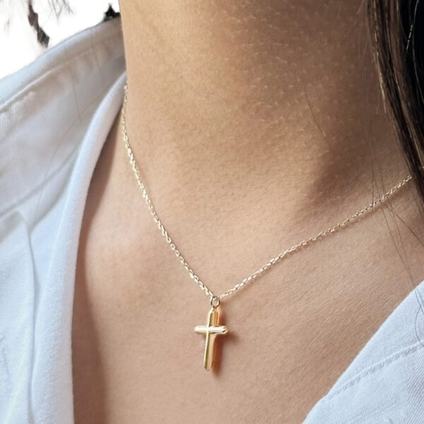 YELLOW GOLD MINI CROSS NECKLACE 360045-NY - Image 2
