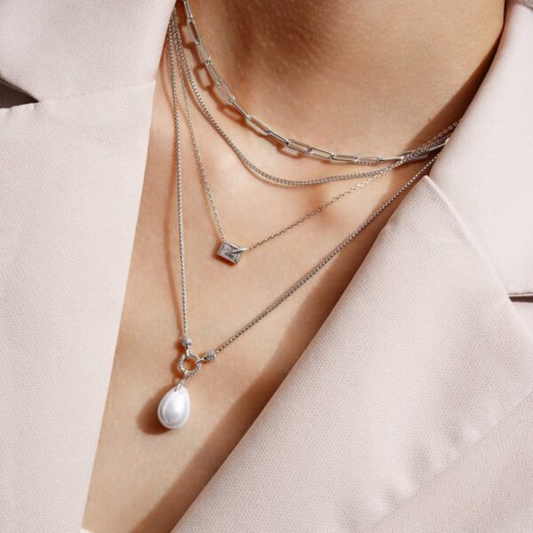 ANIA HAIE SILVER LINKED SHELL PEARL DROP NECKLACE N069-05H - Image 2