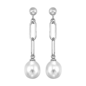 STERLING SILVER PEARL DROP LINK EARRINGS ER11077-SS